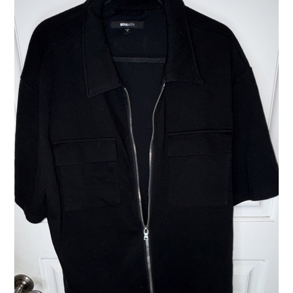 NOVA MEN Black Short Sleeve Zip Front Shirt XL Zipper Pocket Collared